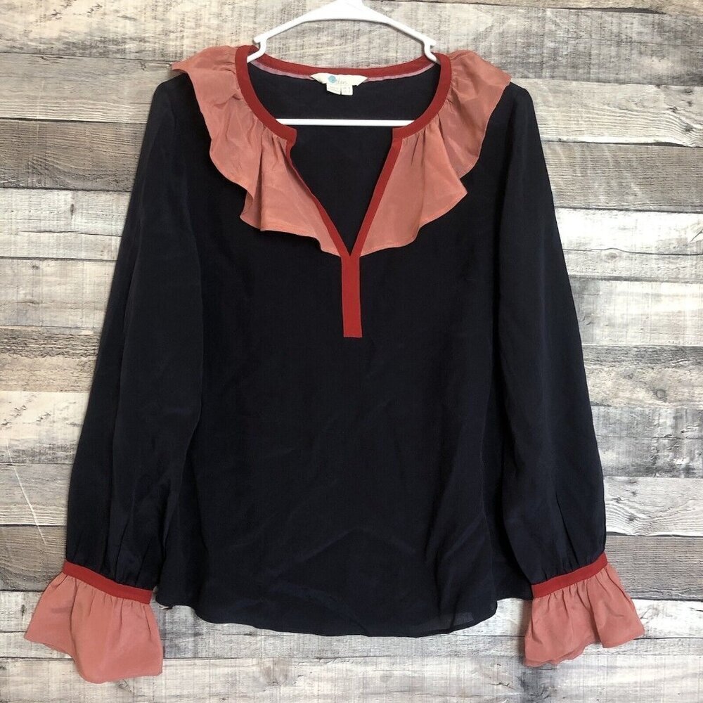 BODEN Constance Blouse 100% Silk Navy Pink Ruffle Trim Retro US 2
